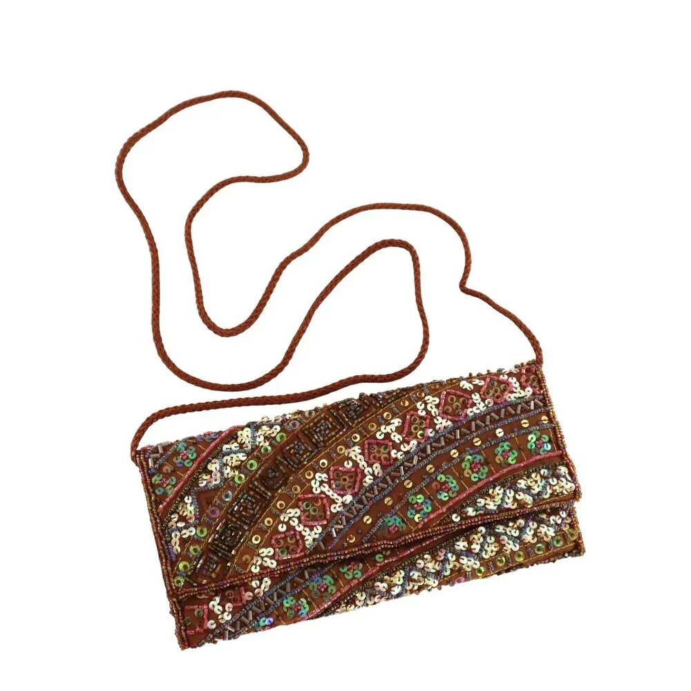Valerie Stevens Embellished Purse Women O/S Brown Boho Chic Art To Wear Festival